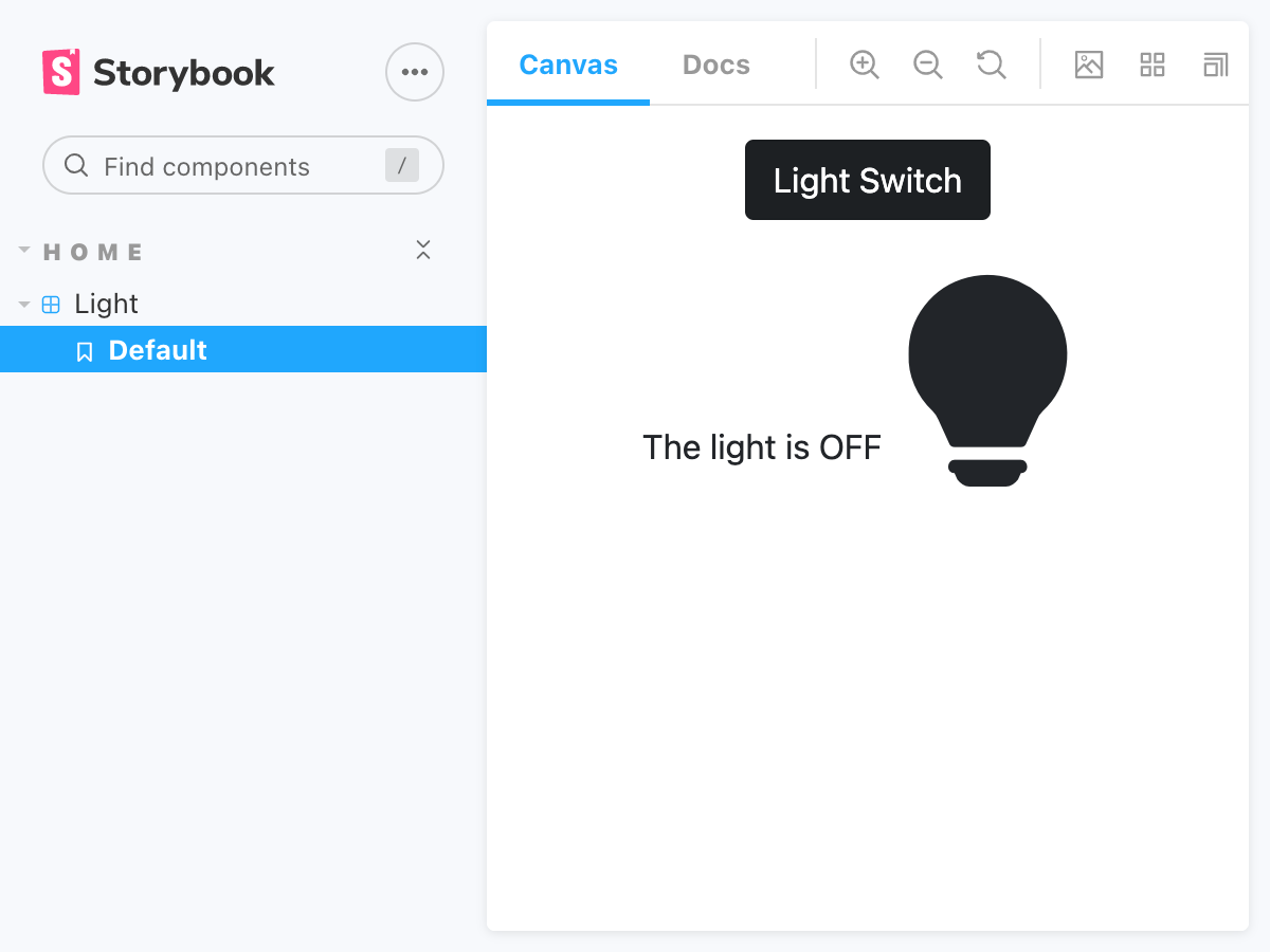 Screenshot of Light component in Storybook after adding a light bulb