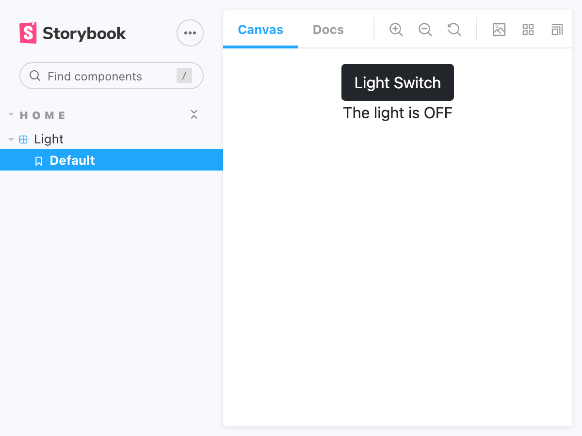 Screenshot of Light component in Storybook after styling the switch
