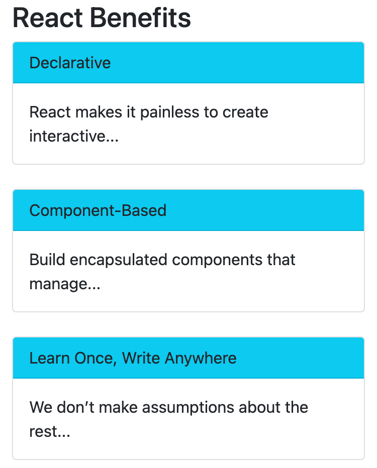 3 react benefits quickly restyled with blue headings thanks to Don't Repeat Yourself.