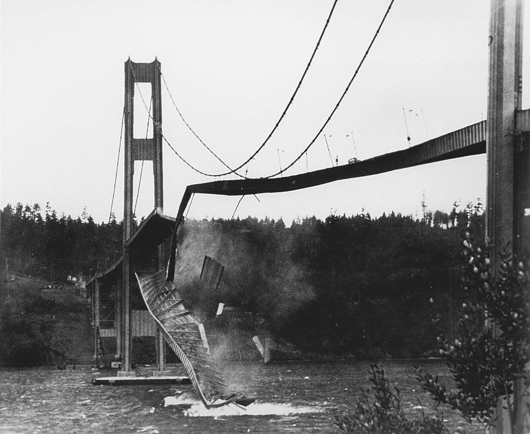 Photo of collapsing Tacoma Narrows Bridge – Source: Creative Composites Group (https://www.creativecompositesgroup.com/blog/tacoma-narrows-bridge-why-we-use-wind-fairings)