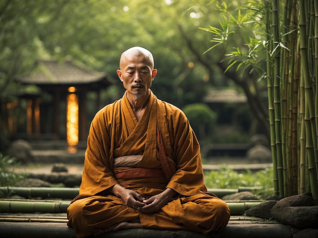 Monk meditating next to bamboo plants in front of a temple in a forest