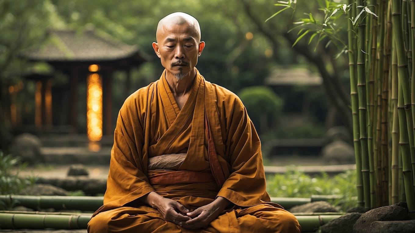 Monk meditating next to bamboo plants in front of a temple in a forest